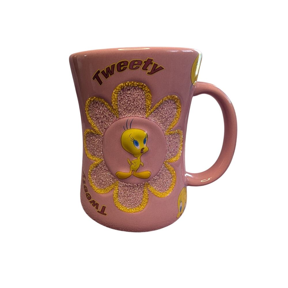 Looney Tunes Coffee Mugs, Six Flags Glitter 3D Tweety Bird Ceramic Cup